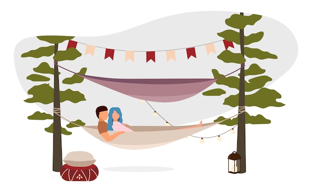 Couple lying, hugging in hammock   illustration. romantic summer camping vacation. cartoon holidaymakers, hikers, tourists resting in fresh air. family relax in countryside