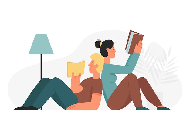 Couple lying and reading book at cozy home