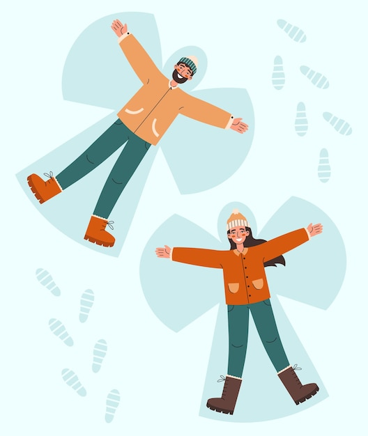 Vector couple lying in snow on back and moving arms and legs. smiling man and woman making snow angels.