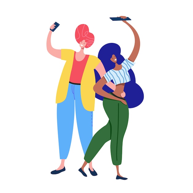 Vector couple making selfie on smartphone