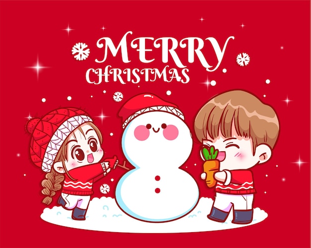 Couple making snowman together on christmas day hand drawn cartoon art illustration