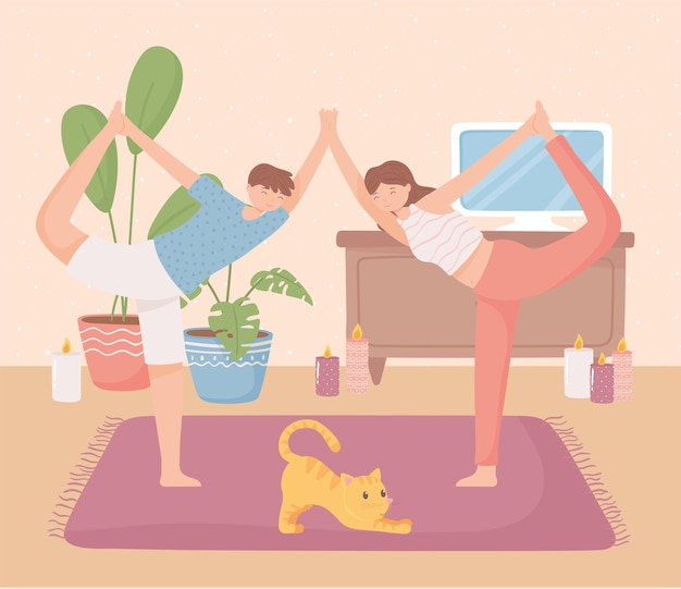 Couple making yoga at home