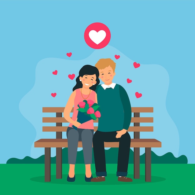 Couple Of Male And Female Characters Sit On Bench In Park.