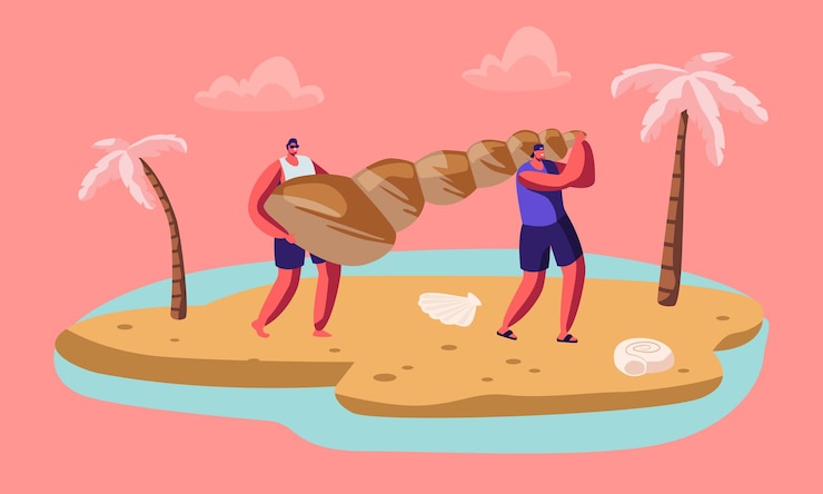 Vector couple of male tourist characters carry huge seashell on sandy tropical beach.