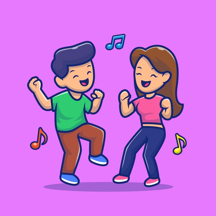 Вектор пара мужчина и женщина, танцы с музыкой мультфильм значок иллюстрации. люди музыка иконка концепция изолированные премиум. плоский мультяшный стиль
