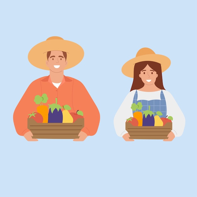 Couple of man and woman farmers with harvest Vector illustration