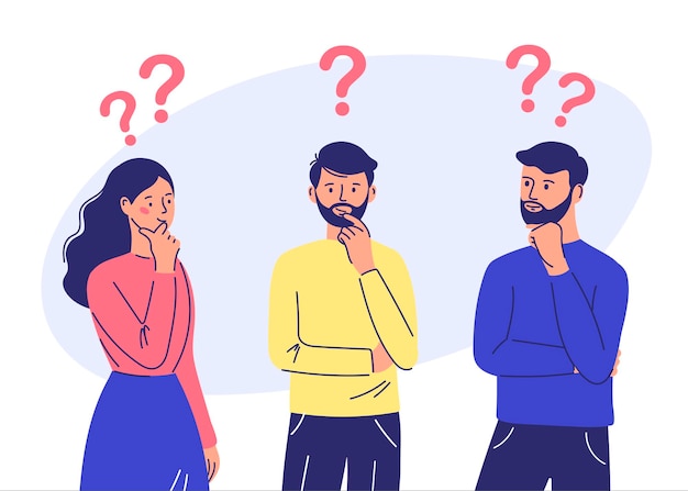 couple of man and woman having a question male and female characters standing in a brooding pose