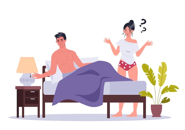 Couple of man and woman lying in bed. Concept of sexual or intimate problem between romantic partners. Sexual unattractiveness, and behavior misunderstanding.   