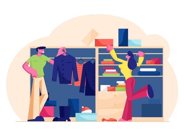 Vector couple of man and woman stand at wardrobe at home choosing dress and footwear hanging and lying on shelves for going out. cartoon flat  illustration