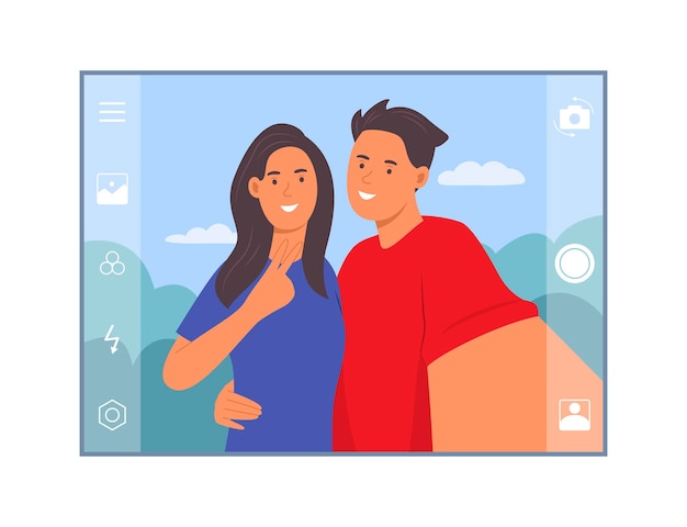 Couple of Man and Woman Taking Selfie Photo Concept Illustration