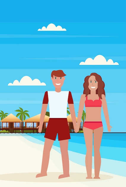 couple man woman on tropical island with villa bungalow hotel on beach seaside green palms landscape summer vacation flat 