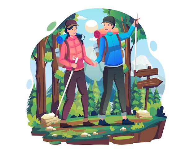 Couple man and woman with backpacks trekking route climbing mountains or hiking in the forest