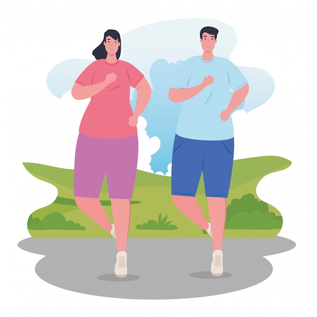 Vector couple marathoners running sportive, woman and man run competition or marathon race illustration