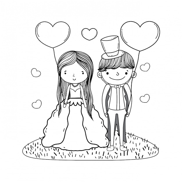 Couple marriage cute cartoon in black and white