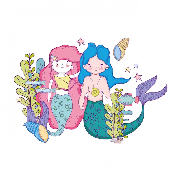 Couple mermaids undersea scene