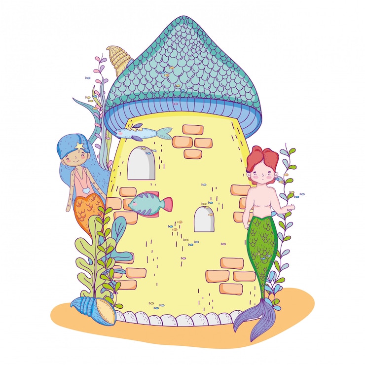 Vector couple mermaids with castle undersea scene