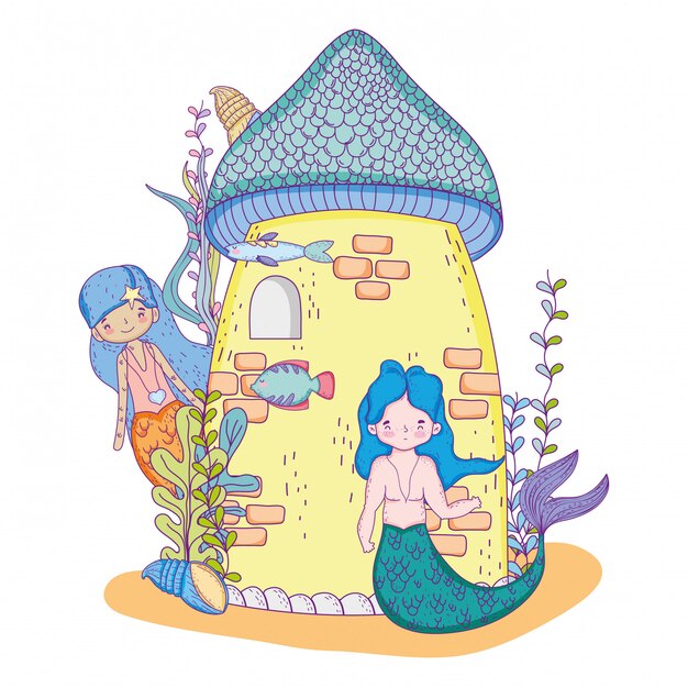 Couple mermaids with castle undersea scene