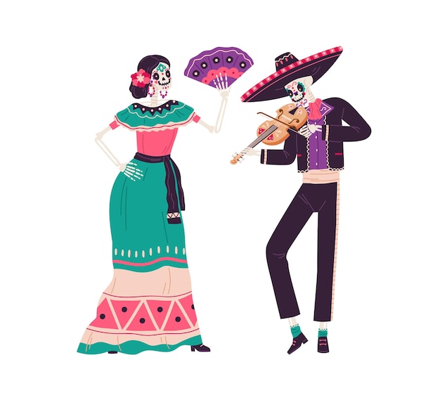 Una coppia di scheletri messicani in costume balla e suona musica il giorno dei morti. catrina in abito e uomo con teschio in sombrero alla festa della morte. illustrazione vettoriale piatta isolata su sfondo bianco