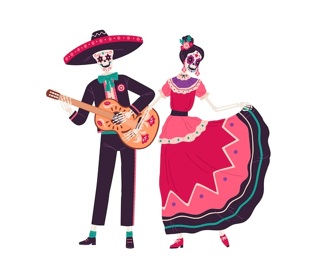 Couple of Mexican skeletons dance and play guitar music on Day of Dead. Catrina in festive dress and man with skull in sombrero at Death party. Flat vector illustration isolated on white background