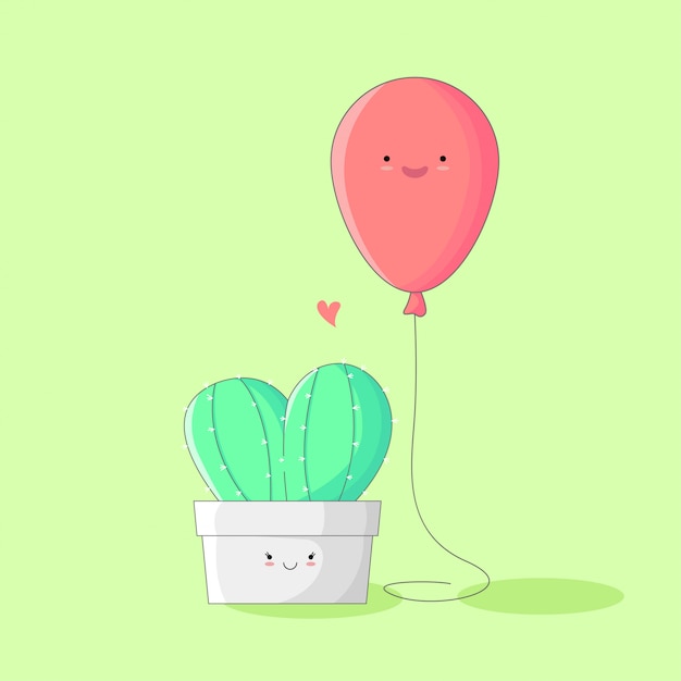 Vector a couple of mini cactus and red balloon cute cartoon illustration.