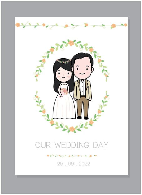 Vector couple minimal cartoon with flower for wedding invitation card