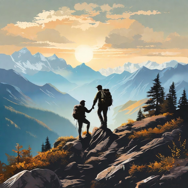 Vector couple on the mountain peak couple on the mountain peak