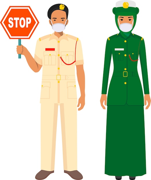 Couple of muslim arabian policeman officer with warning sign stop and policewoman in uniform