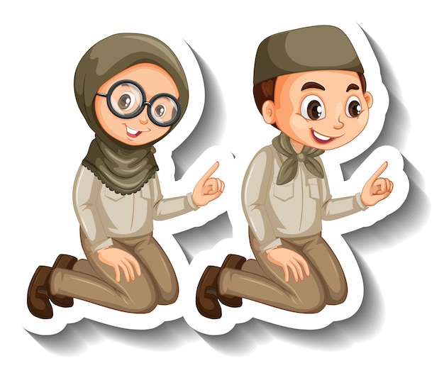 Coppia di bambini musulmani indossa l'adesivo del personaggio dei cartoni animati vestito da safari