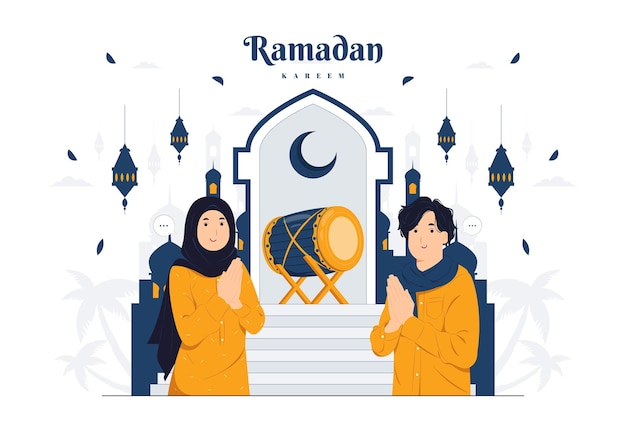 Coppia di uomini e donne musulmani sull'illustrazione del concetto di ramadan kareem