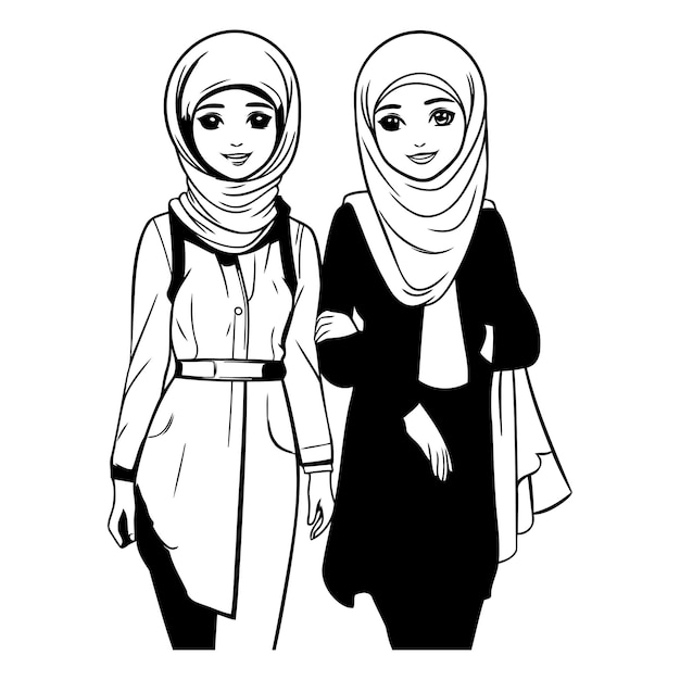 couple of muslim women wearing traditional clothes cartoon vector illustration graphic design