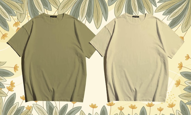 Вектор Пара пустых красочных футболок оливкового и кремового цвета и дизайн макета с абстрактным фоном