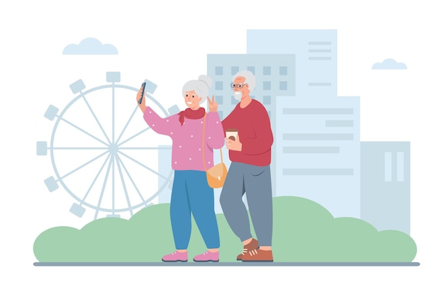 Вектор Пара пожилых людей, использующих смартфон, чтобы сделать автопортрет в городе старшие активные бабушка и дедушка