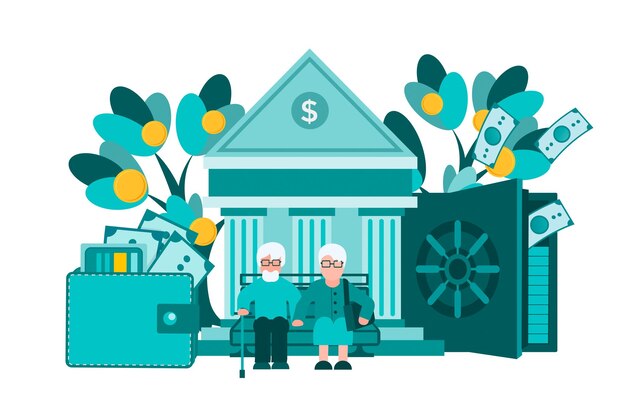 Вектор Пара пожилых пенсионеров банковский бумажник деньги депозиты социального страхования концептуальная векторная иллюстрация