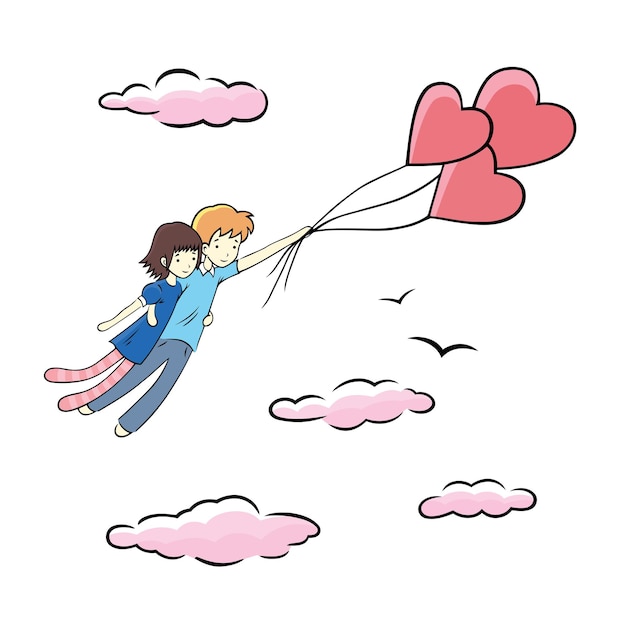 Вектор Пара влюбленных, летающих на воздушных шарах сердца. цифровая романтическая иллюстрация ко дню святого валентина
