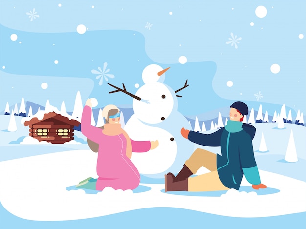 Вектор Пара людей со снеговиком в зимний пейзаж