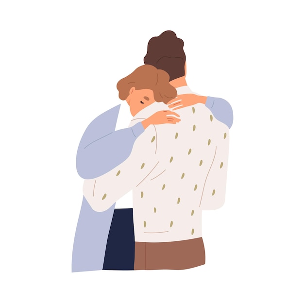 Вектор Пара грустных женщины и мужчины обнимаются, чтобы поддержать друг друга в горе. несчастные люди обнимаются. концепция сострадания и сочувствия. цветная плоская векторная иллюстрация на белом фоне.