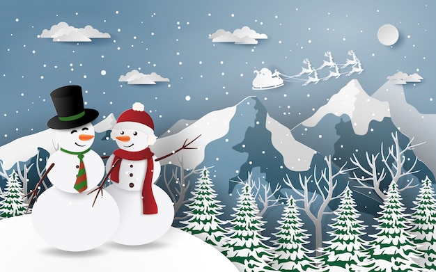Вектор Пара снеговиков, глядя на снежную гору санта-клауса