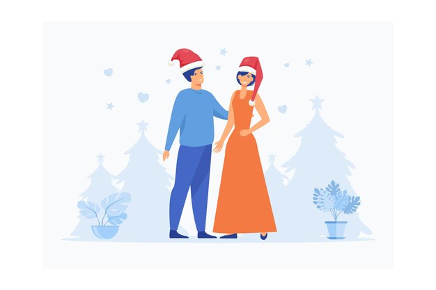 ベクトル クリスマスの日に若者のカップル。夫と妻が休日を祝う、フラットなベクター画像モダン