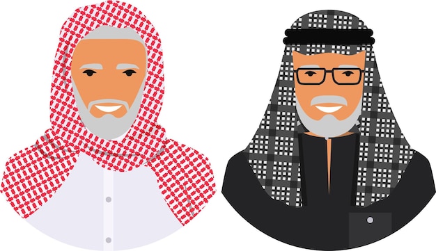 couple old arab men in traditional muslim arabic clothing in flat style. vector illustration