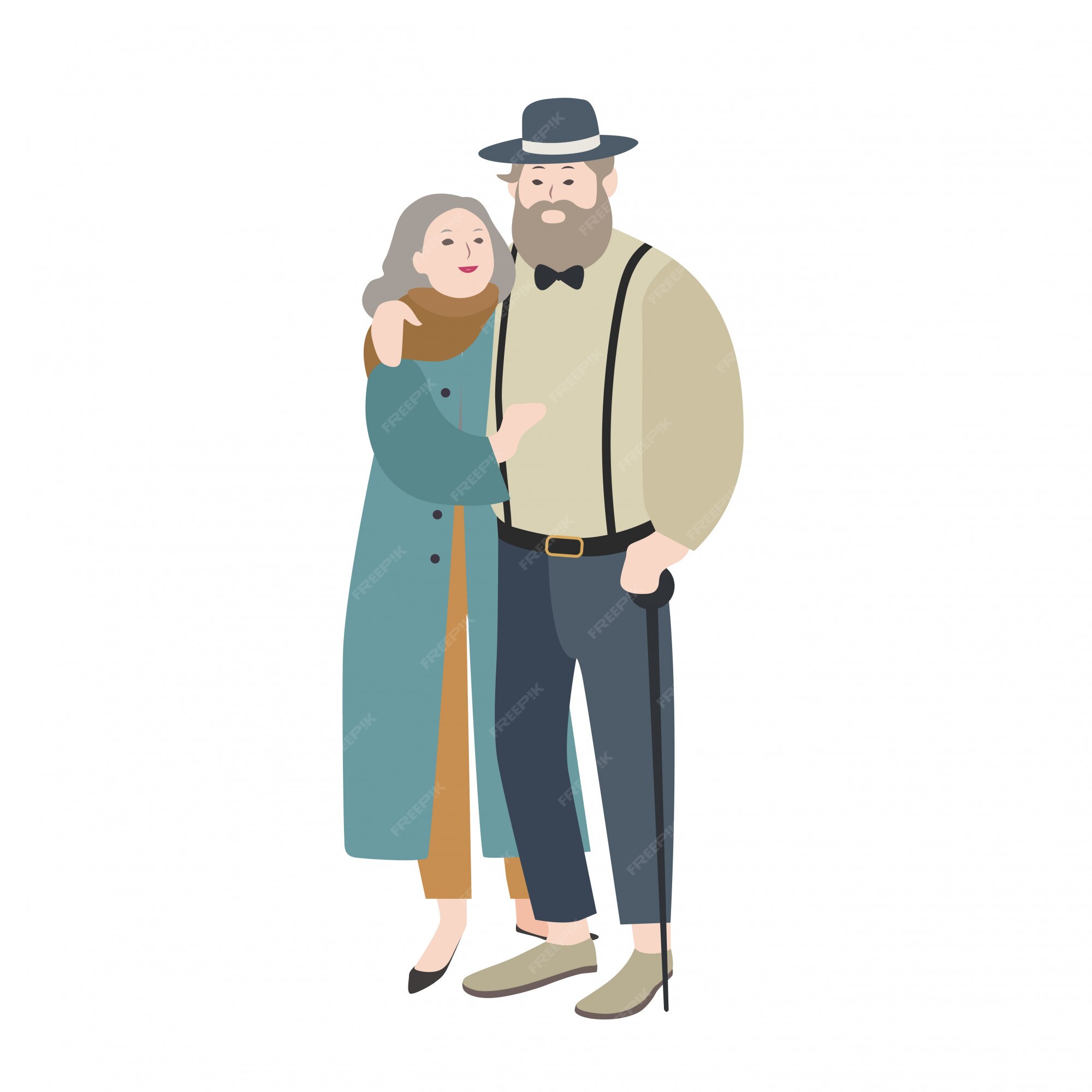 Premium Vector | Couple of old man and woman dressed in elegant clothes  warmly embracing each other. lovely cartoon characters isolated . concept  of loving family. flat illustration.