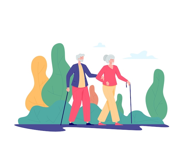 Couple old people with a cane walking outdoor. old man and woman walking in a park. recreation and leisure retiree activities concept.   illustration of elderly people, flat style.