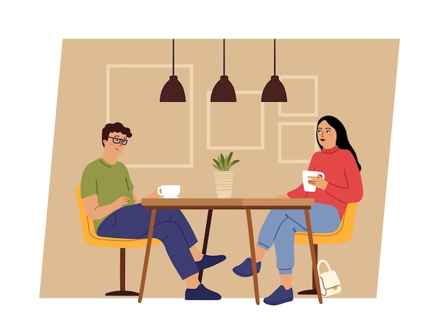 ベクトル デート オタク男とカフェのテーブルに座っている女性のカップルし、コーヒーや紅茶を飲むロマンチックなデートの最初の出会いの女の子男の子ベクトル概念