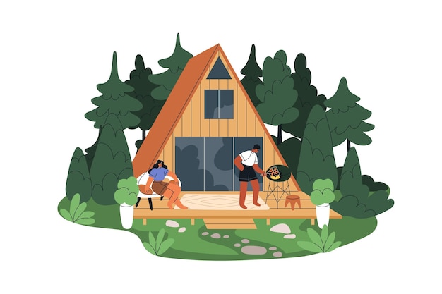 Вектор Пара на террасе дачи на природе. барбекю и отдых в современном уютном деревянном доме а-образной формы на выходных, в отпуске, на отдыхе в лесу. плоская графическая векторная иллюстрация на белом фоне