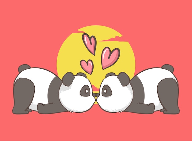 Vector couple panda kissing with heart isolated on red