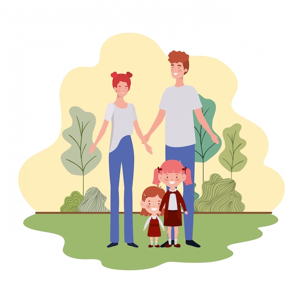 Couple of parents with children in landscape