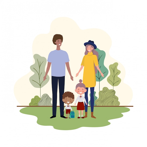 Vector couple of parents with children in landscape