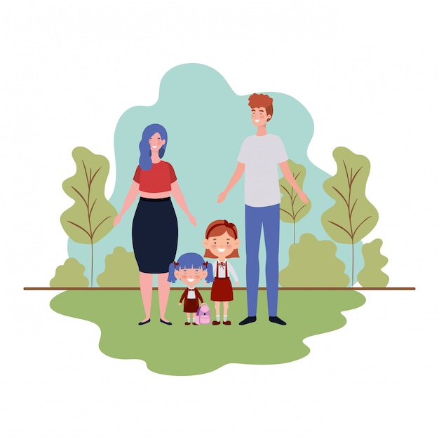 Couple of parents with children in landscape