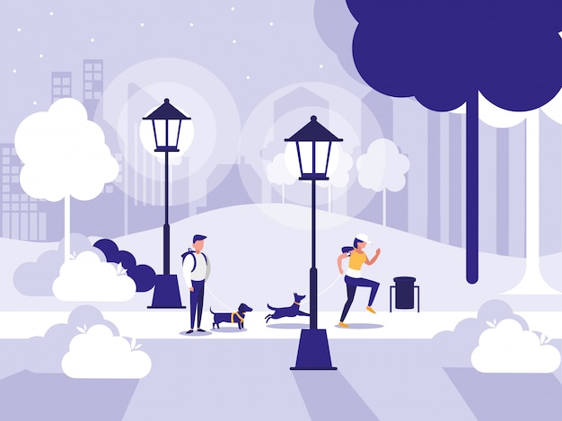 Vector couple in park with lamps