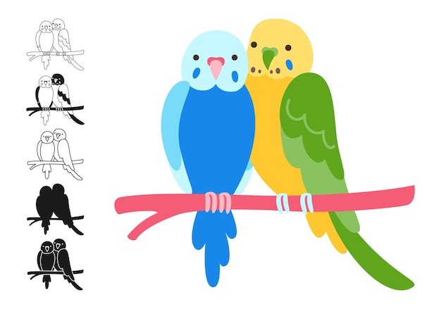 Couple parrots tropical bright childish cartoon set exotic lovers sitting outline sign collection