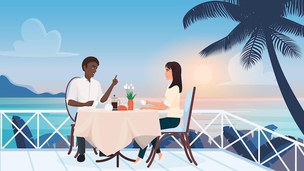 Vector couple people on love romance dating in outdoor cafe sitting on tropical beach terrace